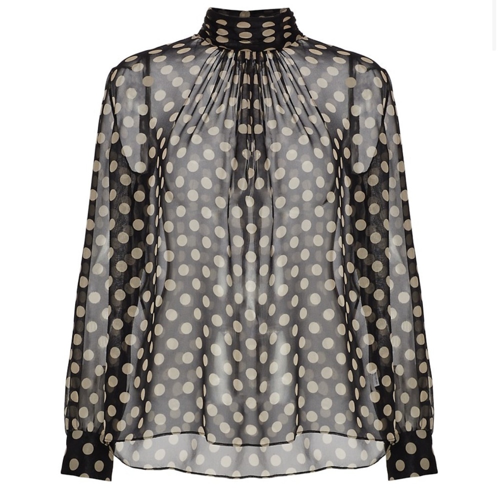 Nili Lotan Silk Polka Dot Long Sleeve, High Neck Blouse